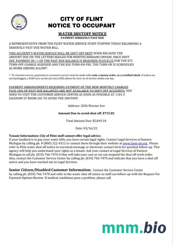 USA City of Flint Michigan Notice to occupant woda rachunek za media zawiadomienie o wyłączeniu, szablon Word i PDF